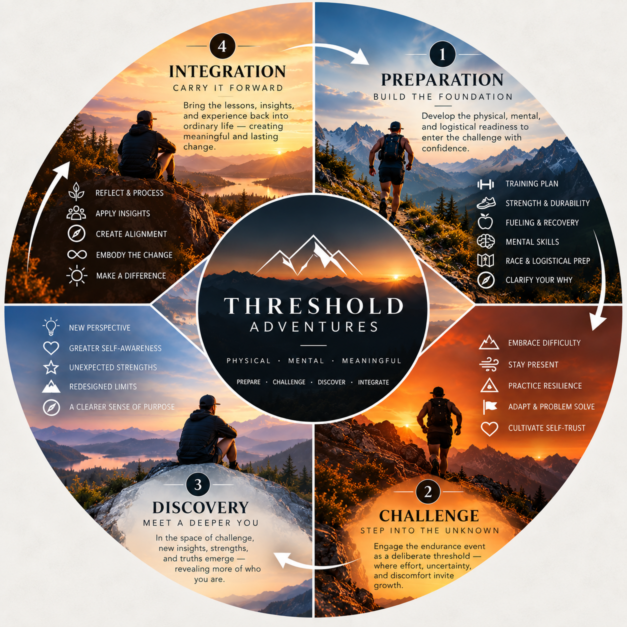 Threshold Adventures four-stage journey: Preparation, Challenge, Discovery and Integration.